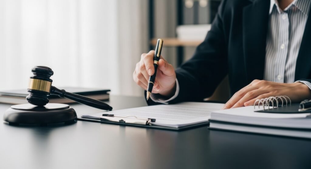 legal professional reviewing document with gavel on desk, law and justice concept