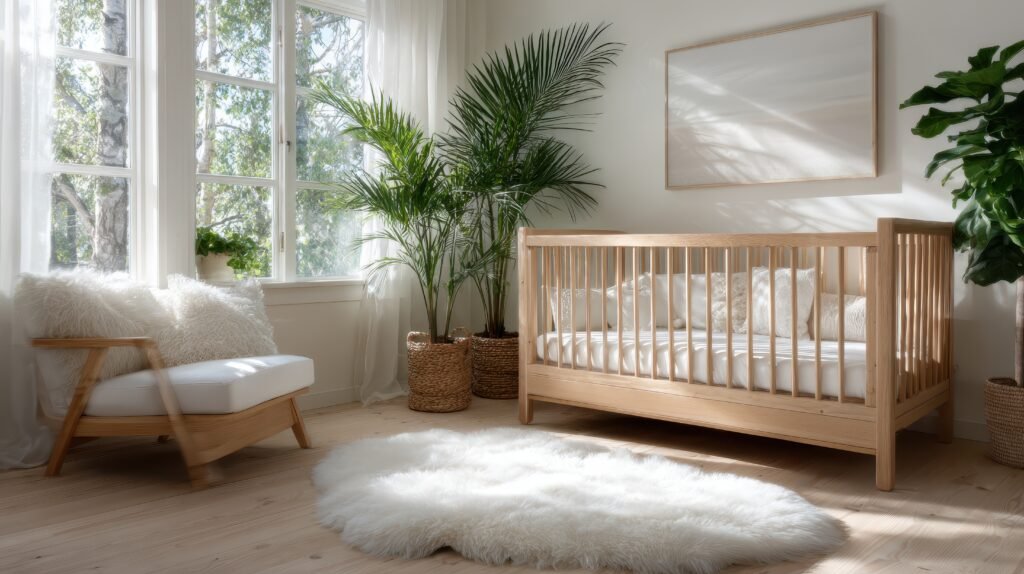 this serene minimalist nursery beautifully showcases a wooden crib surrounded by soft textures and natural light, promoting a peaceful environment for a child's restful moments and nurturing growth.